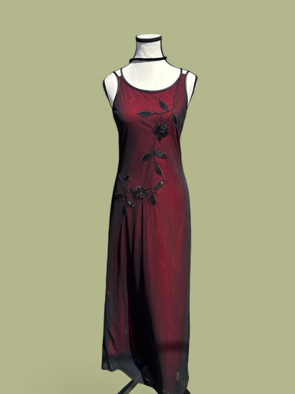 Red Floral Mesh Overlay Prom Dress